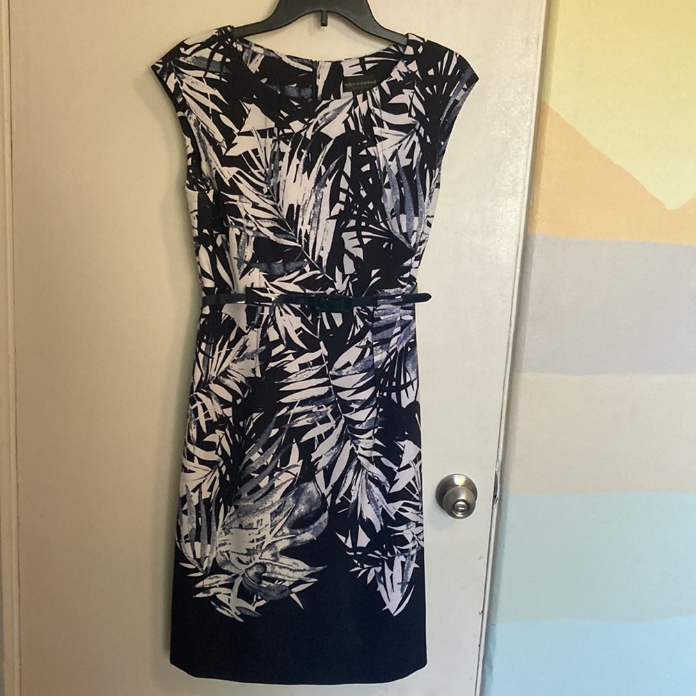 Midi Sheath Dress with Belt, Navy Blue Tropical Print
